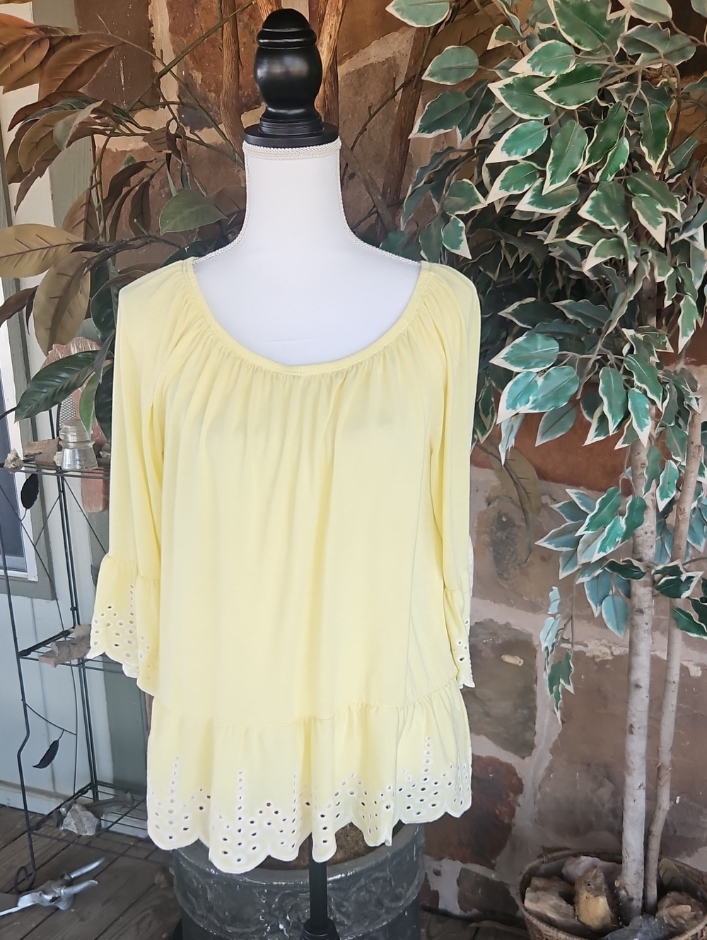 Fever Light Yellow Eyelet-Trim Tunic Top